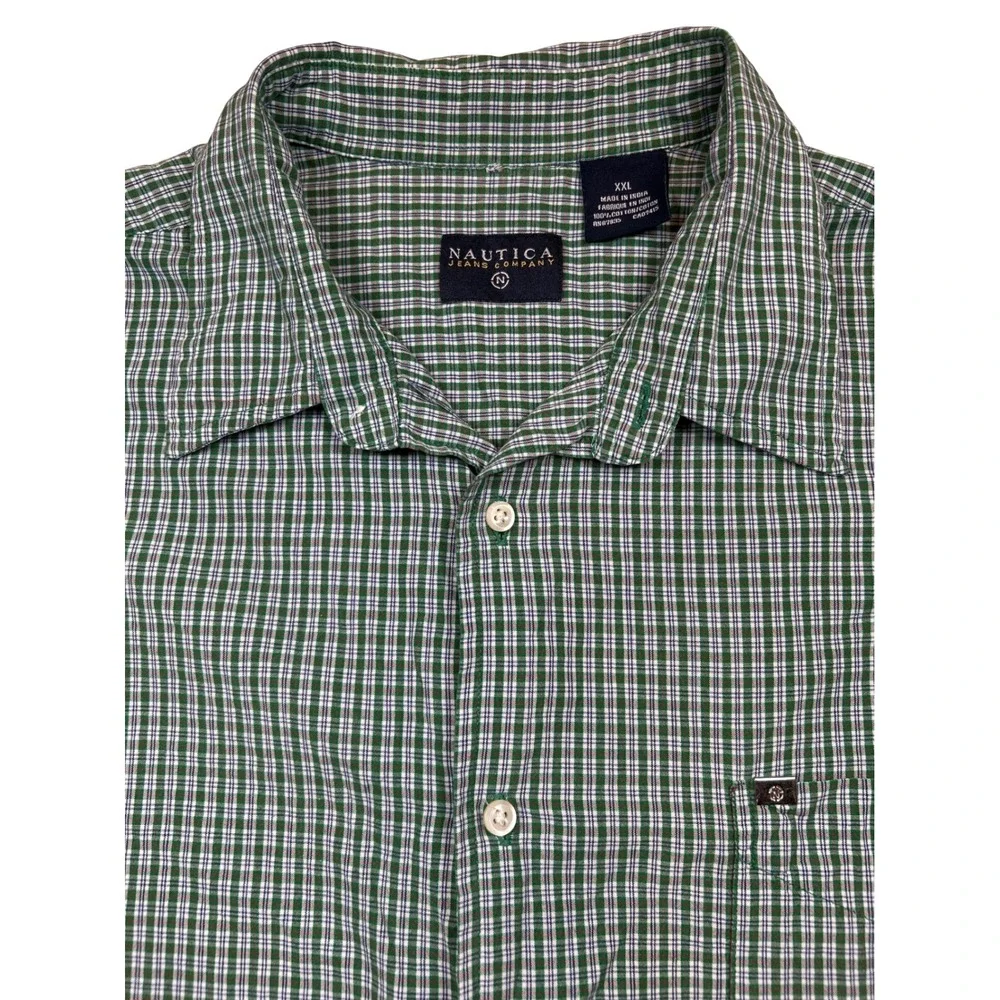 Nautica Jeans Company Mens XXL Green White Plaid Long Sleeve Button Down‎ Shirt